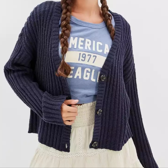 American Eagle Outfitters Sweaters - American Eagle V-Neck Knit Cardigan Navy Blue Women's XS